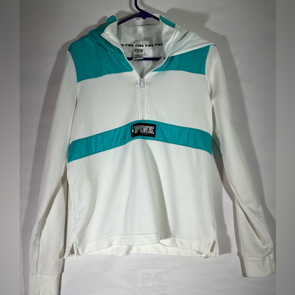 VICTORIA SECERT PINK SWEATSHIRT HOODIE WOMEN‎ S WHITE TURQUOISE PULL ON 1/2 ZIP